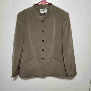 Kasper ASL Olive Green Silk Mandarin Collar Blazer Jacket Military Style 14